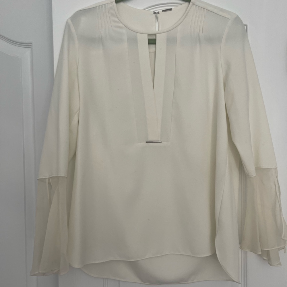 Elie Tahari Owen Cream Silk Chiffon Trim Pleated Blouse Bell Sleeve Top - Picture 2 of 6